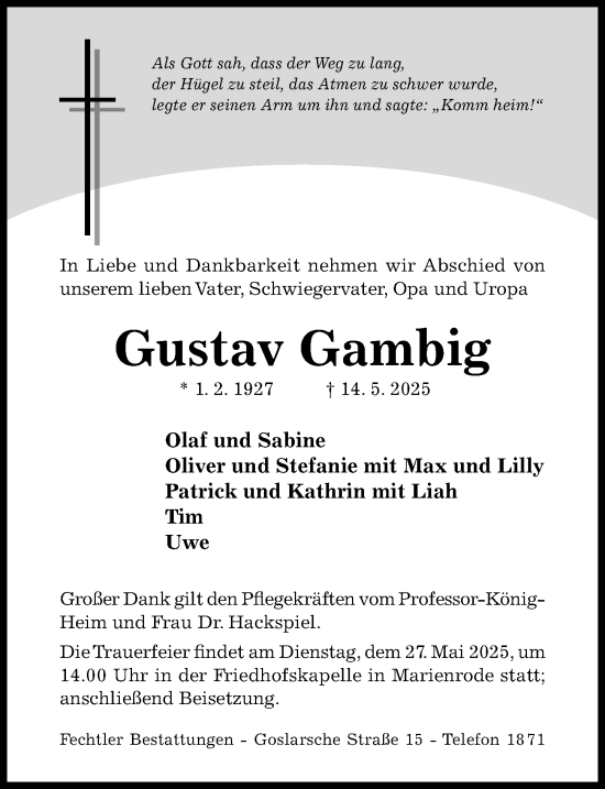 Traueranzeige von Gustav Gambig von Hildesheimer Allgemeine Zeitung