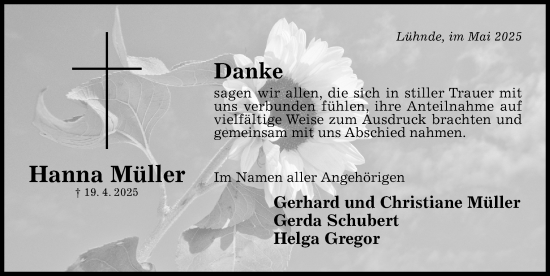 Traueranzeige von Hanna Müller von Hildesheimer Allgemeine Zeitung