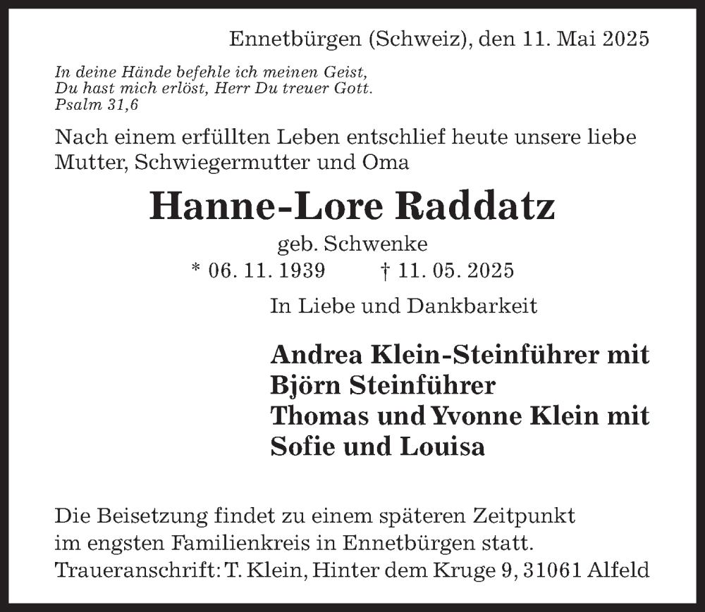  Traueranzeige für Hanne-Lore Raddatz vom 17.05.2025 aus Hildesheimer Allgemeine Zeitung