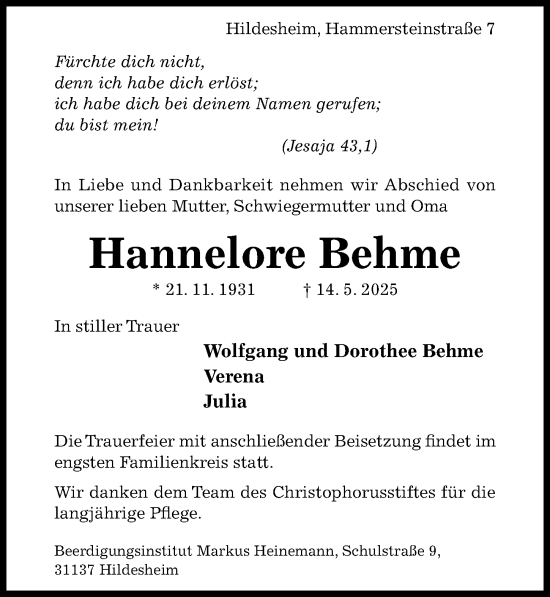 Traueranzeige von Hannelore Behme von Hildesheimer Allgemeine Zeitung