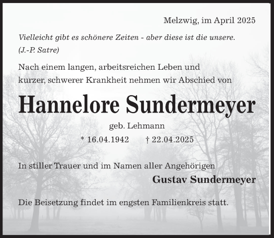 Traueranzeige von Hannelore Sundermeyer von Hildesheimer Allgemeine Zeitung