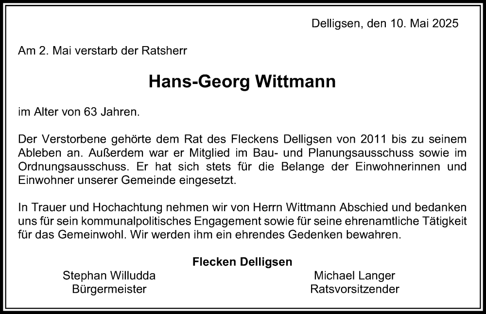  Traueranzeige für Hans-Georg Wittmann vom 10.05.2025 aus Hildesheimer Allgemeine Zeitung