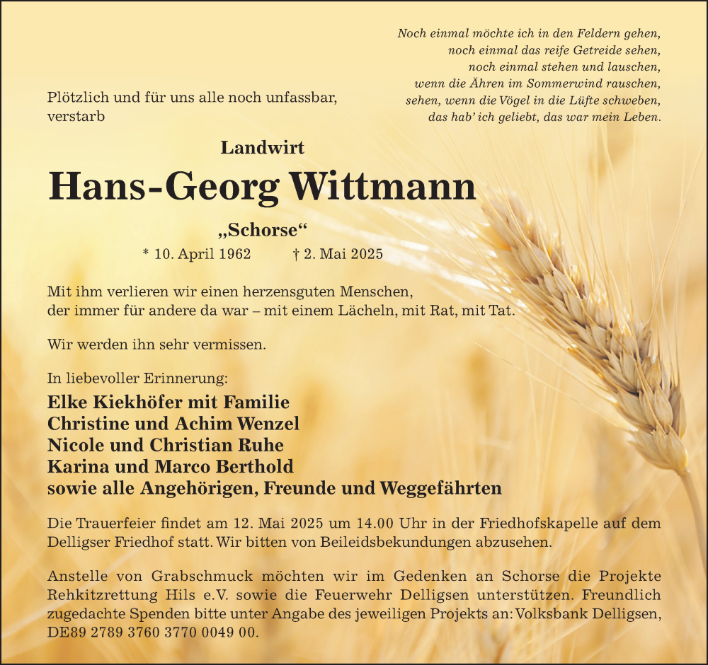  Traueranzeige für Hans-Georg Wittmann vom 10.05.2025 aus Hildesheimer Allgemeine Zeitung