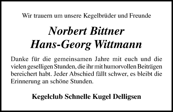 Traueranzeige von Hans-Georg Wittmann von Hildesheimer Allgemeine Zeitung