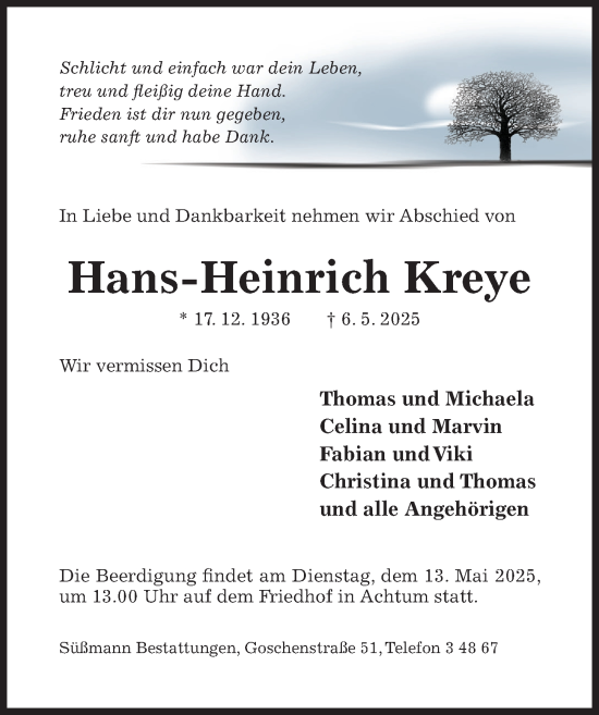 Traueranzeige von Hans-Heinrich Kreye von Hildesheimer Allgemeine Zeitung