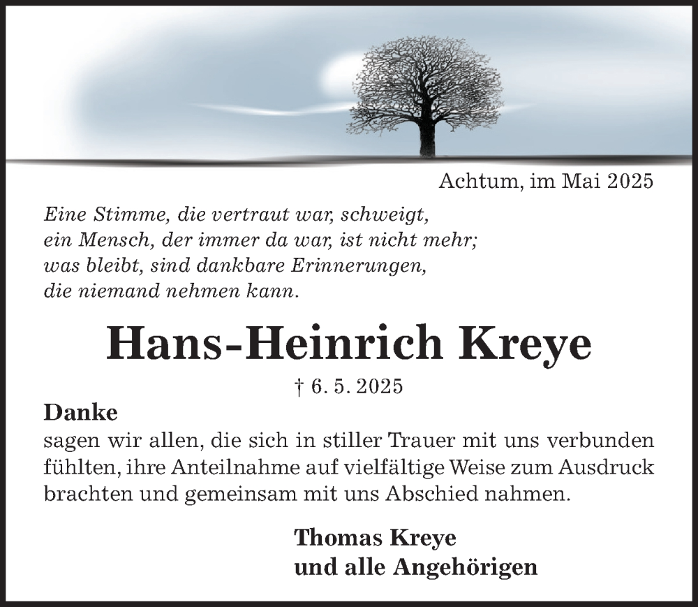  Traueranzeige für Hans-Heinrich Kreye vom 31.05.2025 aus Hildesheimer Allgemeine Zeitung