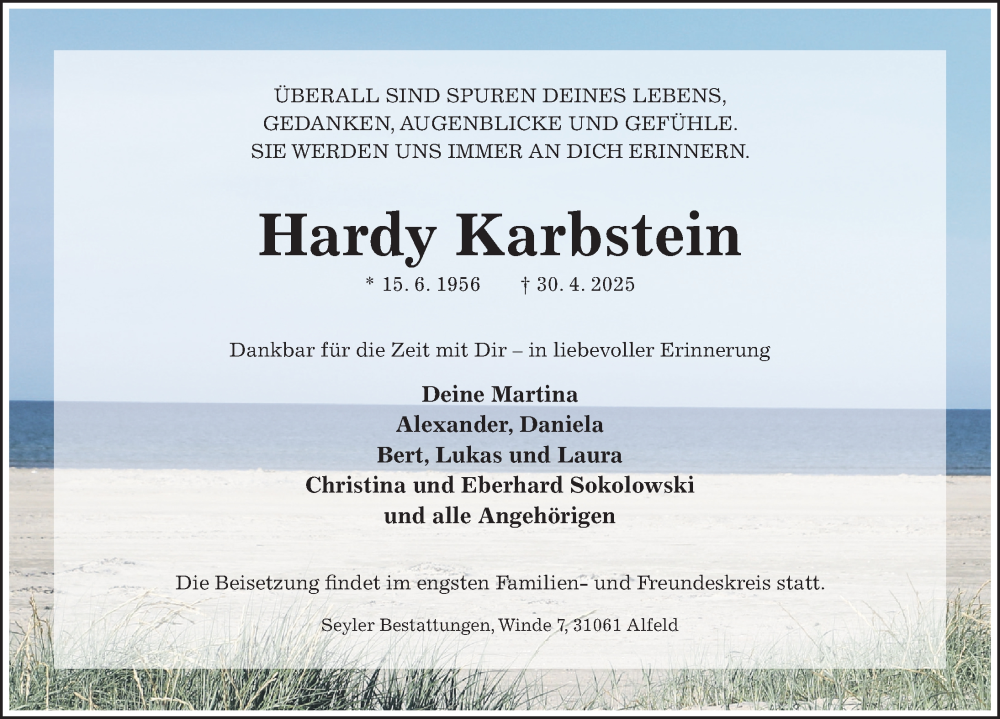  Traueranzeige für Hardy Karbstein vom 10.05.2025 aus Hildesheimer Allgemeine Zeitung