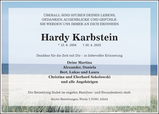 Traueranzeige von Hardy Karbstein von Hildesheimer Allgemeine Zeitung