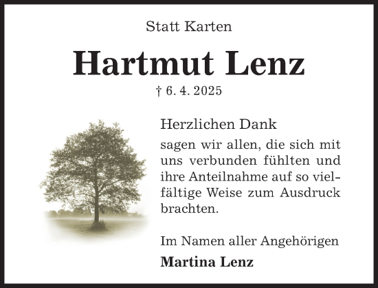 Traueranzeige von Hartmut Lenz von Hildesheimer Allgemeine Zeitung