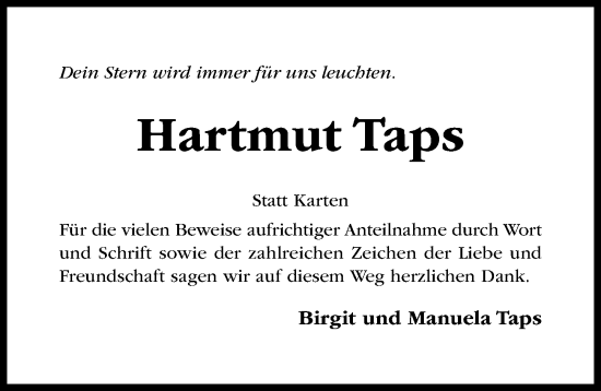 Traueranzeige von Hartmut Taps von Hildesheimer Allgemeine Zeitung