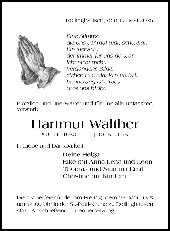 Traueranzeige von Hartmut Walther von Hildesheimer Allgemeine Zeitung