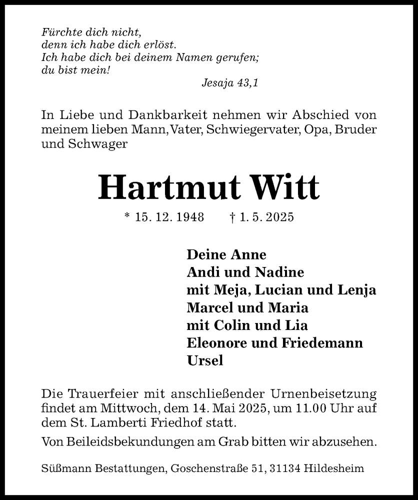 Traueranzeige für Hartmut Witt vom 07.05.2025 aus Hildesheimer Allgemeine Zeitung