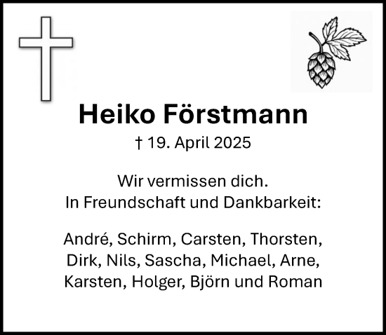 Traueranzeige von Heiko Förstmann von Hildesheimer Allgemeine Zeitung