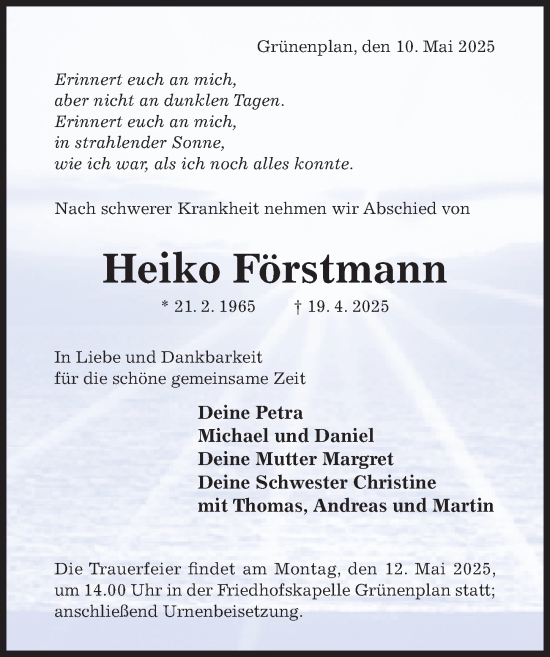 Traueranzeige von Heiko Förstmann von Hildesheimer Allgemeine Zeitung