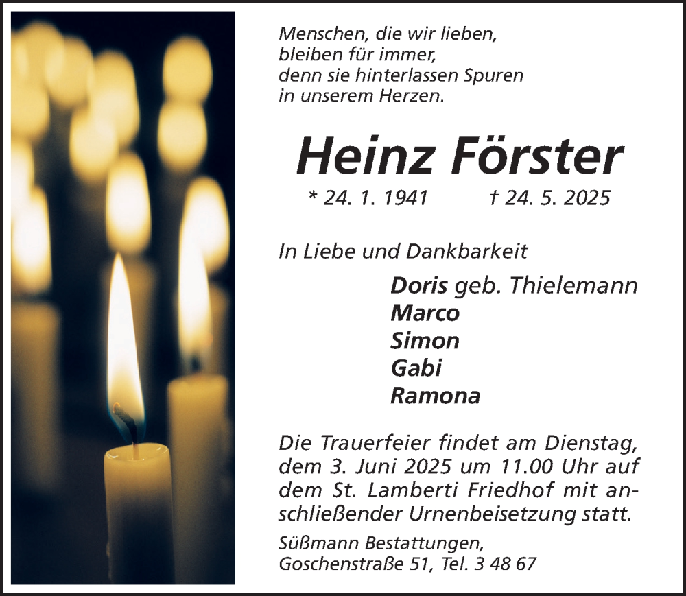  Traueranzeige für Heinz Förster vom 28.05.2025 aus Hildesheimer Allgemeine Zeitung