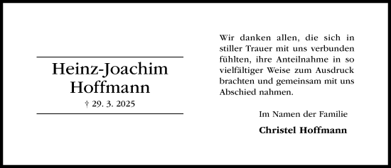 Traueranzeige von Heinz-Joachim Hoffmann von Hildesheimer Allgemeine Zeitung