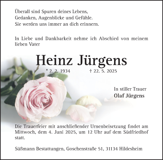 Traueranzeige von Heinz Jürgens von Hildesheimer Allgemeine Zeitung
