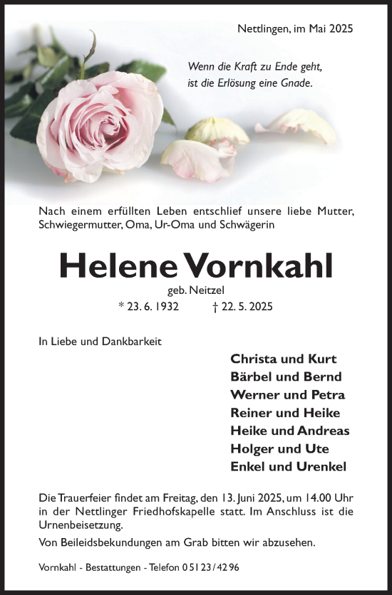 Traueranzeige von Helene Vornkahl von Hildesheimer Allgemeine Zeitung