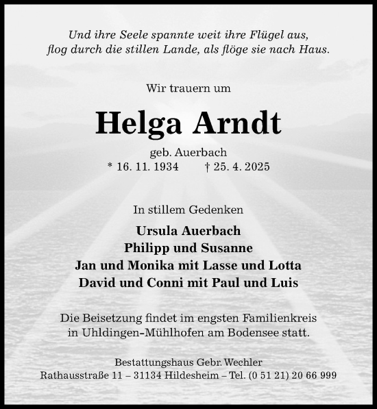Traueranzeige von Helga Arndt von Hildesheimer Allgemeine Zeitung