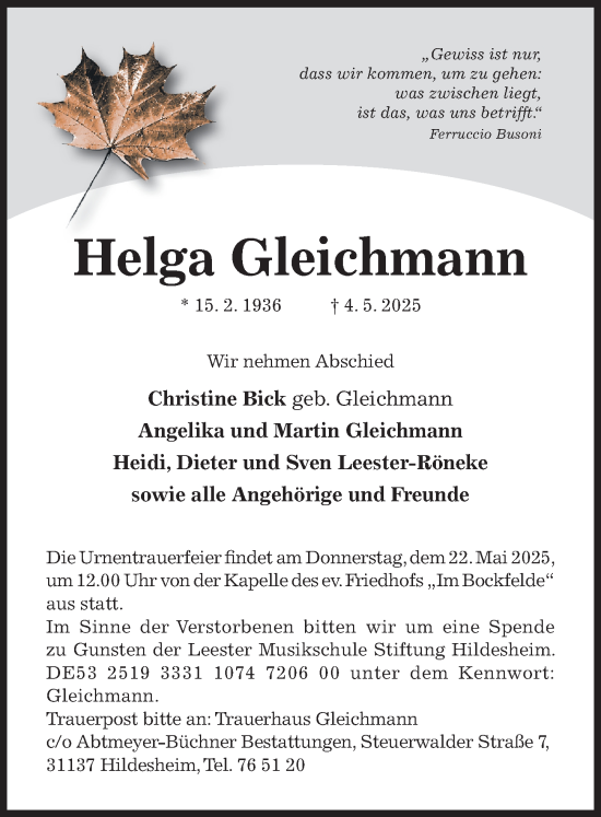 Traueranzeige von Helga Gleichmann von Hildesheimer Allgemeine Zeitung