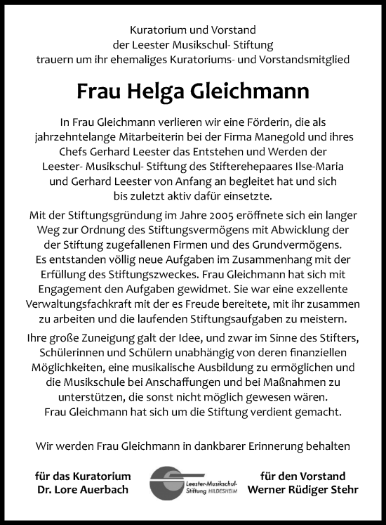 Traueranzeige von Helga Gleichmann von Hildesheimer Allgemeine Zeitung