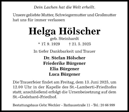 Traueranzeige von Helga Hölscher von Hildesheimer Allgemeine Zeitung