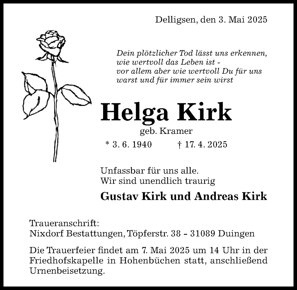  Traueranzeige für Helga Kirk vom 03.05.2025 aus Hildesheimer Allgemeine Zeitung