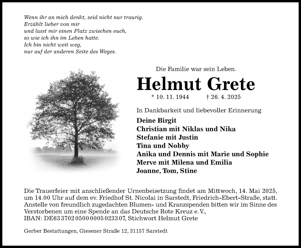  Traueranzeige für Helmut Grete vom 07.05.2025 aus Hildesheimer Allgemeine Zeitung