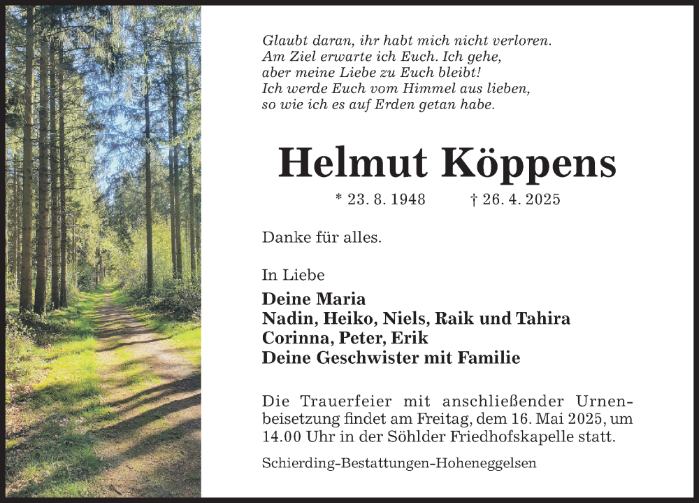  Traueranzeige für Helmut Köppens vom 07.05.2025 aus Hildesheimer Allgemeine Zeitung