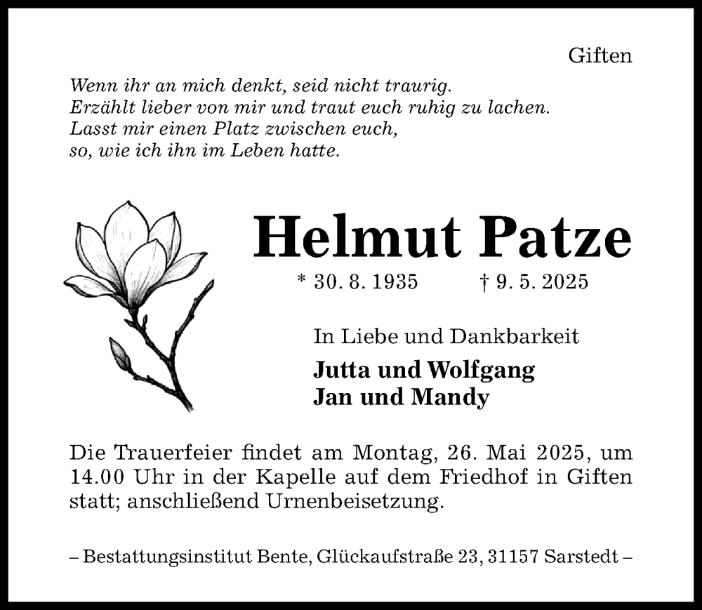  Traueranzeige für Helmut Patze vom 17.05.2025 aus Hildesheimer Allgemeine Zeitung