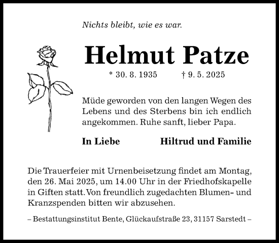 Traueranzeige von Helmut Patze von Hildesheimer Allgemeine Zeitung