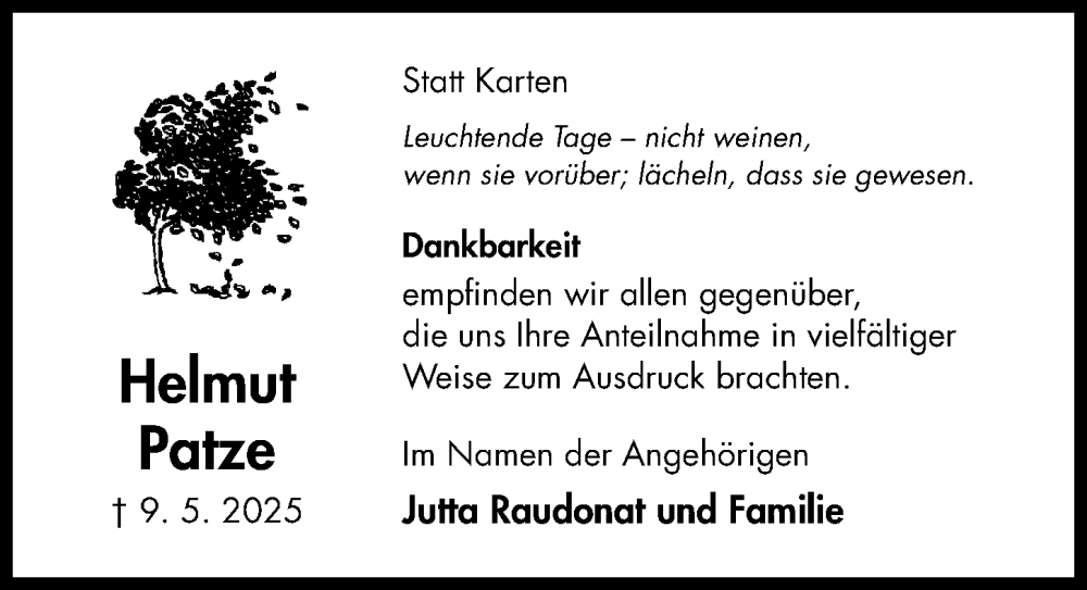  Traueranzeige für Helmut Patze vom 31.05.2025 aus Hildesheimer Allgemeine Zeitung