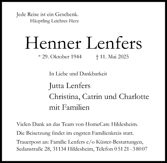 Traueranzeige von Henner Lenfers von Hildesheimer Allgemeine Zeitung