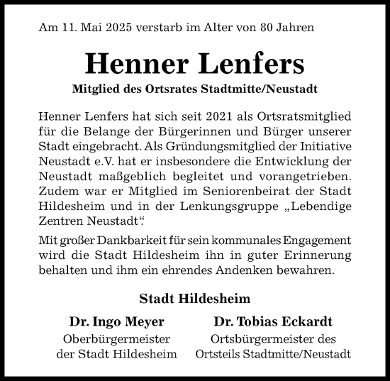 Traueranzeige von Henner Lenfers von Hildesheimer Allgemeine Zeitung