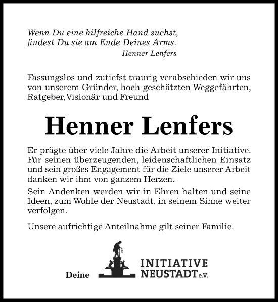 Traueranzeige von Henner Lenfers von Hildesheimer Allgemeine Zeitung