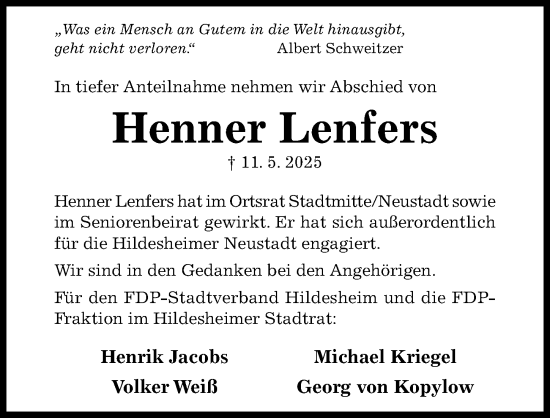 Traueranzeige von Henner Lenfers von Hildesheimer Allgemeine Zeitung