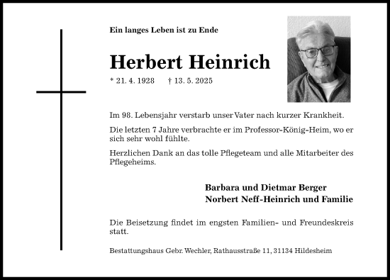 Traueranzeige von Herbert Heinrich von Hildesheimer Allgemeine Zeitung
