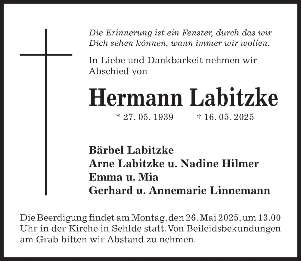  Traueranzeige für Hermann Labitzke vom 24.05.2025 aus Hildesheimer Allgemeine Zeitung