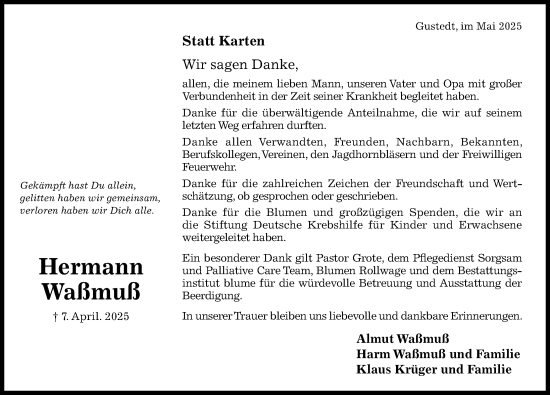 Traueranzeige von Hermann Waßmuß von Hildesheimer Allgemeine Zeitung