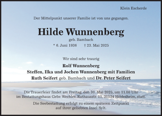 Traueranzeige von Hilde Wunnenberg von Hildesheimer Allgemeine Zeitung