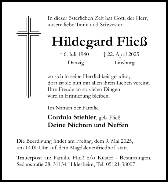 Traueranzeige von Hildegard Fließ von Hildesheimer Allgemeine Zeitung