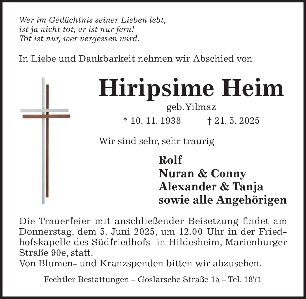  Traueranzeige für Hiripsime Heim vom 28.05.2025 aus Hildesheimer Allgemeine Zeitung
