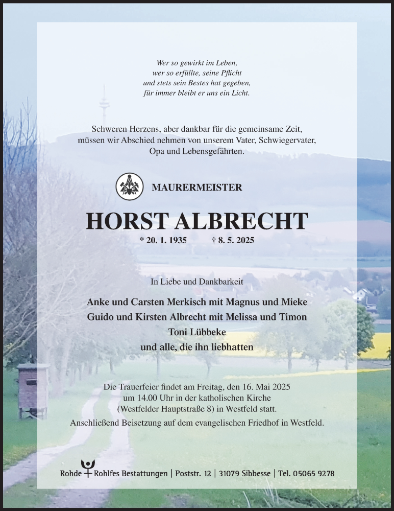  Traueranzeige für Horst Albrecht vom 14.05.2025 aus Hildesheimer Allgemeine Zeitung