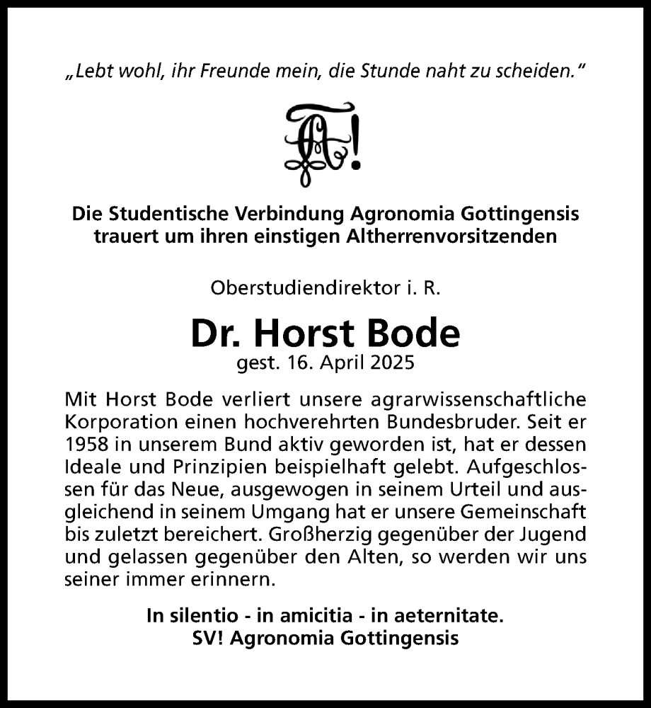  Traueranzeige für Horst Bode vom 03.05.2025 aus Hildesheimer Allgemeine Zeitung