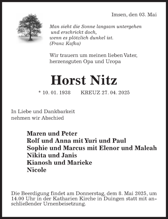 Traueranzeige von Horst Nitz von Hildesheimer Allgemeine Zeitung