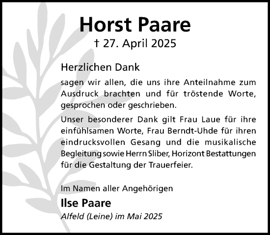 Traueranzeige von Horst Paare von Hildesheimer Allgemeine Zeitung