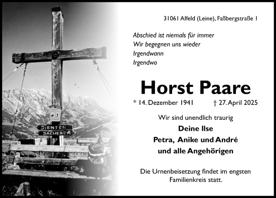 Traueranzeige von Horst Paare von Hildesheimer Allgemeine Zeitung