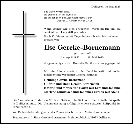 Traueranzeige von Ilse Gereke-Bornemann von Hildesheimer Allgemeine Zeitung