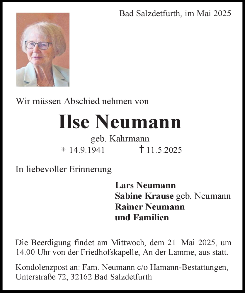  Traueranzeige für Ilse Neumann vom 14.05.2025 aus Hildesheimer Allgemeine Zeitung