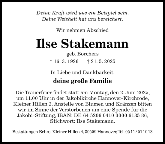 Traueranzeige von Ilse Stakemann von Hildesheimer Allgemeine Zeitung